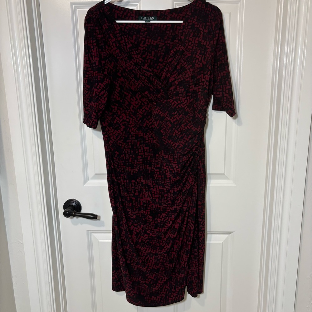 Lauren Ralph Lauren Faux Wrap Midi Dress Geometric Red Black Ruched Women’s 14